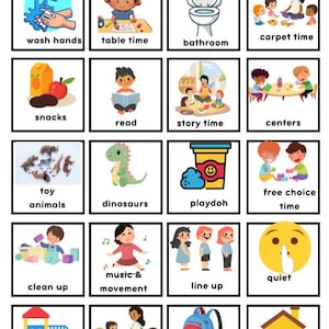 May include: A colorful educational chart featuring 20 illustrated squares with text labels. The images depict various activities like "wash hands," "table time," "snacks," "read," "dinosaurs," and "backpack." The chart is designed for children.