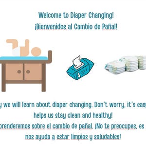 May include: An illustration with text that reads "Welcome to Diaper Changing!" and "Today we will learn about diaper changing." The image includes a changing table, wipes, and diapers.