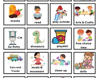 May include: A set of 20 illustrated cards with various daily activities for children, including "make bed," "eat breakfast," and "play outside." Each card features a colorful cartoon image and text description.