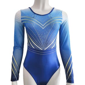 Glitter turnpakje met lange mouwen, sportturnpakje, blauw, kindermaten 134, 140, 158, 164, trainingsturnpakje, glitter turnpakjes, wedstrijdturnpakje