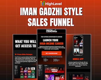 May include: An advertisement for HighLevel's Iman Gadzhi Style Sales Funnel. The image features the text "IMAN GADZHI STYLE SALES FUNNEL" in white letters on a red background. It also includes screenshots of a mobile app and website.