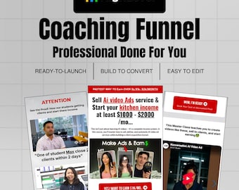 Może przedstawiać: Grafika promocyjna dla Coaching Funnel HighLevel z tekstem "Coaching Funnel Professional Done For You". Zawiera referencje i informacje o reklamach wideo AI oraz potencjale zarobkowym. Grafika wykorzystuje schemat kolorów czarnego, białego i zielonego.