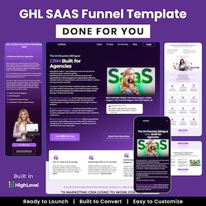 May include: A digital marketing SaaS funnel template with the text "DONE FOR YOU." The design features a website and a smartphone displaying the CRM interface. The template includes the text "CRM Built for Agencies."