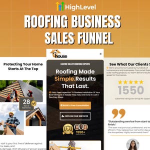 Op de afbeelding: Een promotionele afbeelding voor een sales funnel voor een dakdekkersbedrijf. De afbeelding bevat de tekst "Roofing Business Sales Funnel" en bevat screenshots van een website met informatie over dakdekkersdiensten en klantgetuigenissen.