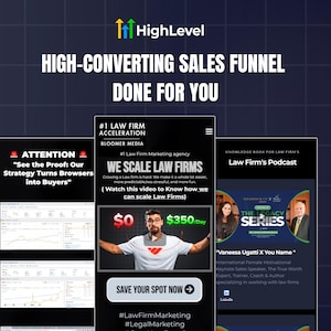 以下が含まれることがあります： HighLevelのセールスファネルサービスを宣伝する画像。「HIGH-CONVERTING SALES FUNNEL DONE FOR YOU」と「WE SCALE LAW FIRMS」のテキストが含まれています。画像には、ウェブページのモックアップとポッドキャストのグラフィックが表示されています。