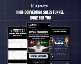 Może przedstawiać: Obraz promujący usługi lejka sprzedażowego HighLevel. Tekst zawiera "HIGH-CONVERTING SALES FUNNEL DONE FOR YOU" i "WE SCALE LAW FIRMS". Obraz zawiera makiety stron internetowych i grafikę podcastu.