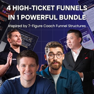 Pode incluir: Imagem promocional de um pacote de funis de alto valor. O texto diz "4 FUNIS DE ALTO VALOR EM 1 PACOTE PODEROSO" e "Inspirado nas estruturas de funil de coach de 7 dígitos". A imagem apresenta quatro homens e gráficos relacionados a vendas e coaching online.