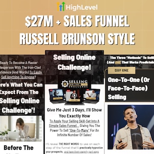 May include: Promotional graphic for a sales funnel challenge, with the text "$27M + SALES FUNNEL RUSSELL BRUNSON STYLE." The image includes text about selling online, with a focus on sales techniques and strategies.