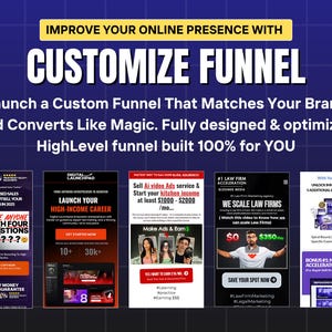 Pode incluir: Gráfico azul escuro com o texto "IMPROVE YOUR ONLINE PRESENCE WITH CUSTOMIZE FUNNEL". A imagem promove funis personalizados e apresenta exemplos de serviços e recursos de marketing digital.