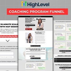 Pode incluir: Um funil de programa de coaching de marketing digital com o logotipo "HighLevel" no topo. A imagem inclui capturas de tela de um site com texto como "Sessão gratuita de mapeamento de crescimento de 30 minutos" e "Funil do programa de coaching".