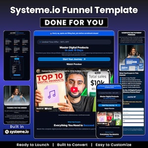 May include: A digital marketing funnel template with the text "DONE FOR YOU." The image showcases a website interface with the headline "Master Digital Products in Just 15 Days." It includes screenshots of a course and a video with a play button.