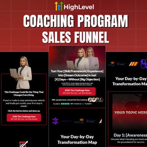 Op de afbeelding: Een rode en zwarte afbeelding die een coachingprogramma-verkooptrechter promoot. De afbeelding bevat tekst, waaronder "COACHING PROGRAM SALES FUNNEL" en "JOIN The Challenge Now". Het bevat ook afbeeldingen van mensen en een dag-tot-dag transformatiekaart.