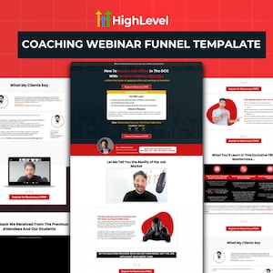 May include: A digital marketing graphic with the text "COACHING WEBINAR FUNNEL TEMPALATE" in white on a black banner. The image includes screenshots of a webinar landing page with testimonials and information about the webinar.