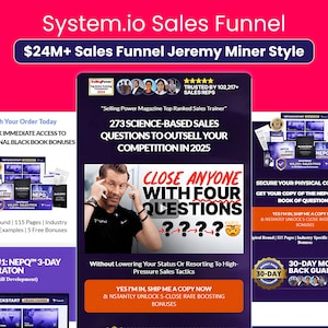 Puede incluir: Imagen promocional para un programa de embudo de ventas. La imagen presenta el texto "System.io Sales Funnel" y "$24M+ Sales Funnel Jeremy Miner Style." También incluye el texto "273 Preguntas de ventas basadas en la ciencia para superar a tu competencia en 2025."