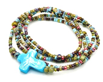 Turquoise Stone Cross Bracelet, Czech Seed Beads, Faith Jewelry