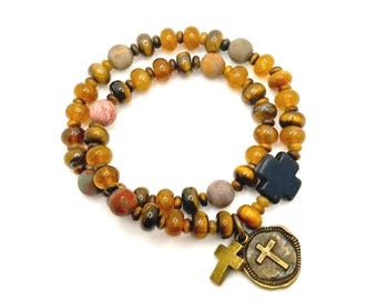 Tiger Eye Rondelle Faith Bracelet, Earth Tone Beads, Black Stone Cross Charm