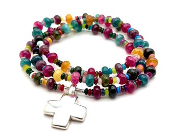 Multicolor Rondelle Beaded Necklace With Chunky Silver Cross