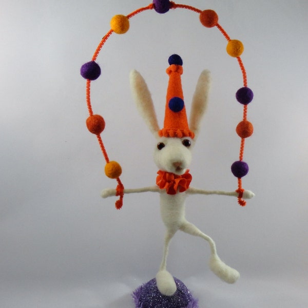 Fairy Tale Cake topper Bunny Rabbit wool needle felted  tinsel wool felt balls Orange German vintage inspired 9-1/2" Sherbert Bunny #1