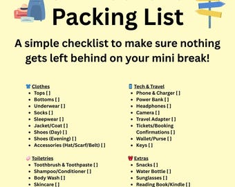 May include: A UK Weekend Packing List checklist with categories for Clothes, Tech & Travel, Toiletries, and Extras. Includes a blue suitcase graphic, directional signs, and the text "A simple checklist to make sure nothing gets left behind on your mini break!"