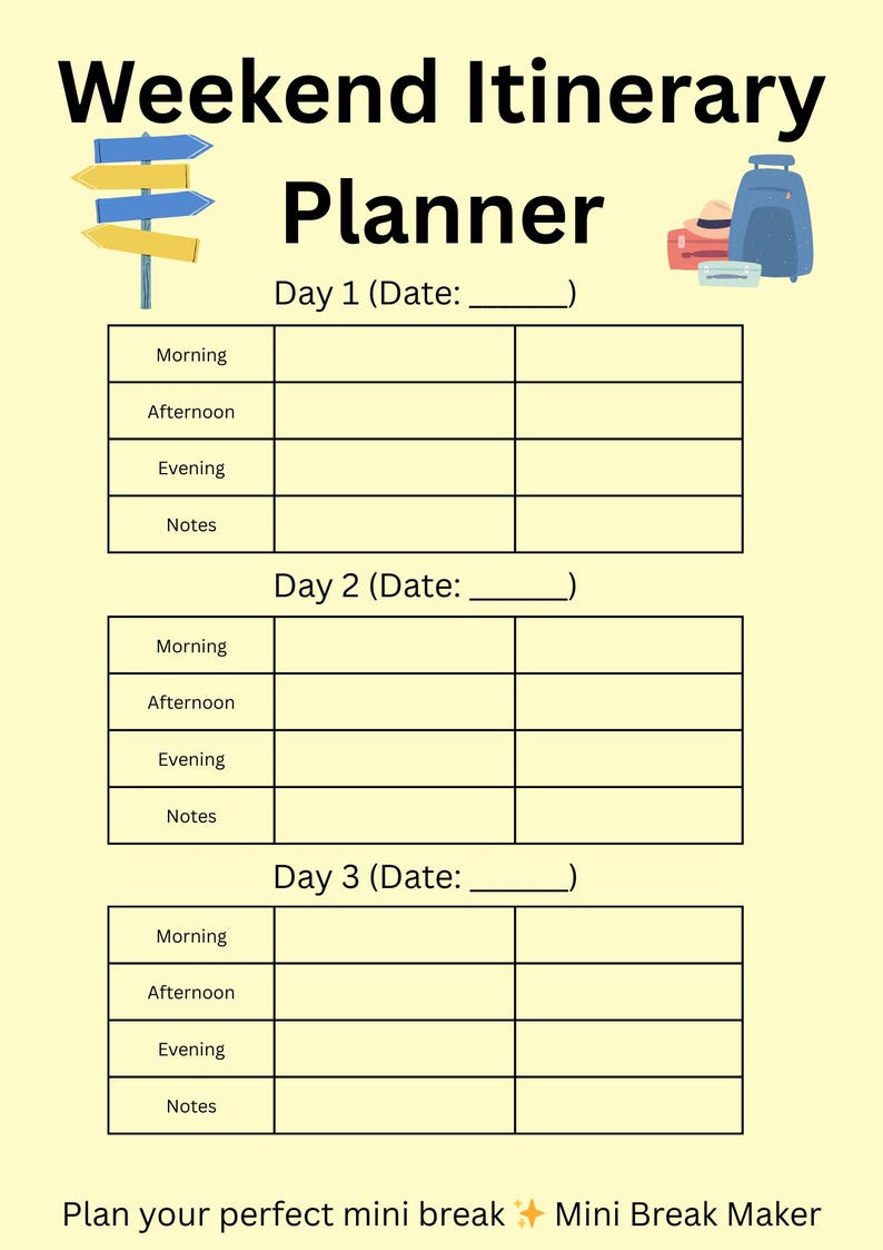 Printable Weekend Itinerary Template | 3-day Travel Planner | Holiday ...