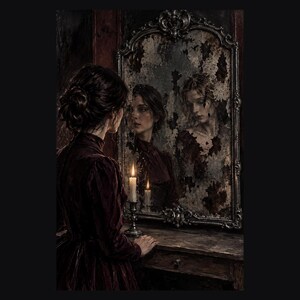 May include: A person with dark hair styled in an updo, wearing a dark red long-sleeved garment, stands before an ornate, weathered silver-framed mirror. A lit white candle in a silver holder sits on the wooden table, reflecting in the glass.
