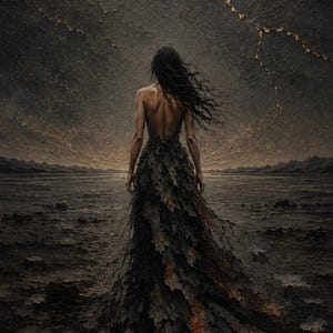May include: A floor-length backless dress constructed from dark, layered, leaf-like textures. The garment features a fitted bodice and a voluminous, textured skirt that cascades downward, creating a dramatic silhouette against a dark, cracked landscape.