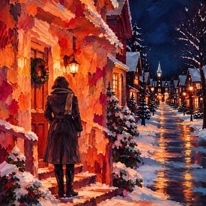 May include: An oil painting style illustration of a figure in a dark coat and scarf standing on the steps of a house with a wreath on the door. The scene depicts a snowy street at night with warm orange light glowing from windows and street lamps.
