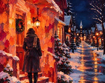 THE SAME DECEMBER – Winter Street Night Painting – Moody Christmas Lights Wall Art – Palette Knife Art Print – Digital Download