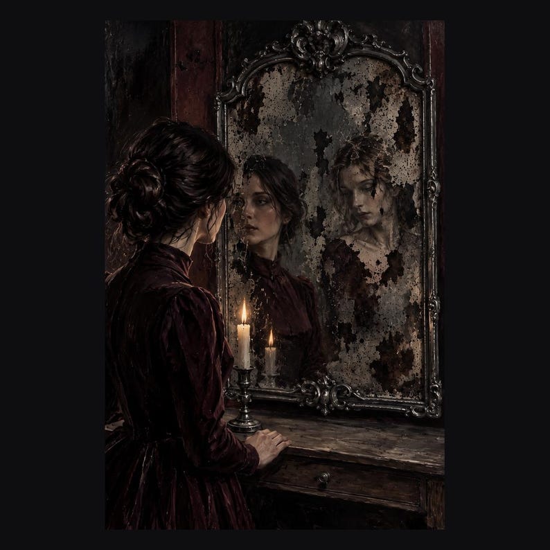 May include: A person with dark hair styled in an updo, wearing a dark red long-sleeved garment, stands before an ornate, weathered silver-framed mirror. A lit white candle in a silver holder sits on the wooden table, reflecting in the glass.