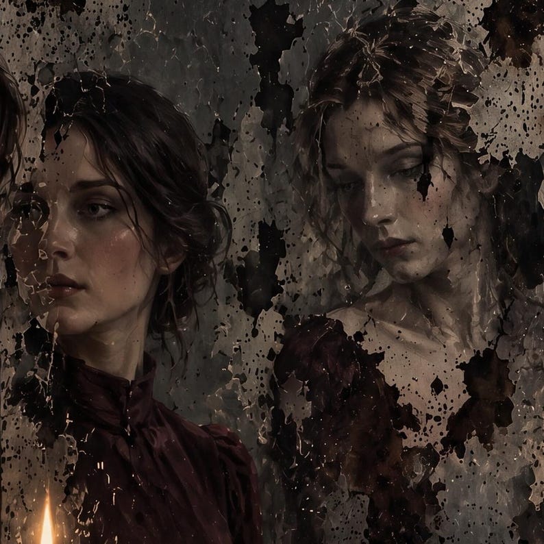 May include: A digital artwork depicting two individuals with dark hair, one wearing a high-collared dark maroon garment. The composition features a distressed, weathered texture overlay with dark brown and black paint splatters across the surface.