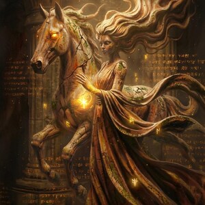 May include: A digital illustration featuring a stone-textured horse with glowing eyes and a human figure with flowing hair, both adorned with mossy cracks and golden runic symbols. The scene is set against a dark background with floating text.