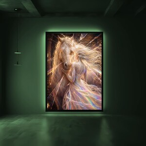 May include: A rectangular wall art print featuring a luminous white horse and a figure with long flowing hair in a gown, both surrounded by radiant light beams and crystalline shards, set within a black frame with integrated backlighting.