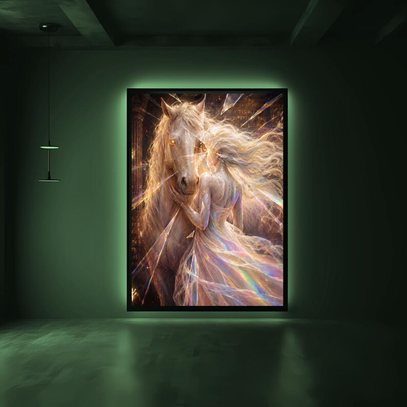 May include: A rectangular wall art print featuring a luminous white horse and a figure with long flowing hair in a gown, both surrounded by radiant light beams and crystalline shards, set within a black frame with integrated backlighting.