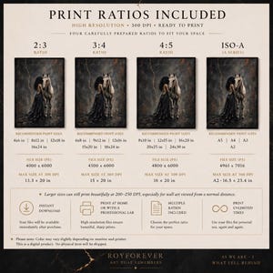 Pu&ograve; includere: Una guida digitale intitolata PRINT RATIOS INCLUDED che mostra quattro rapporti d'aspetto: 2:3, 3:4, 4:5 e ISO-A. Ogni sezione presenta un'immagine scura e suggestiva di una persona accanto a un cavallo, con elenchi di dimensioni di stampa in cm.