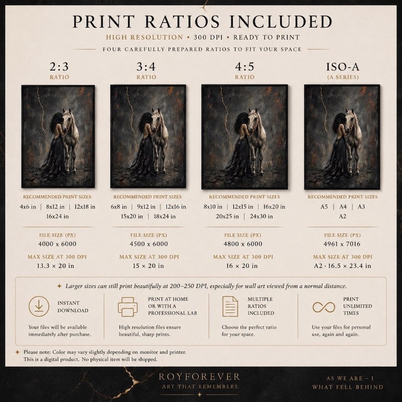 Pu&ograve; includere: Una guida digitale intitolata PRINT RATIOS INCLUDED che mostra quattro rapporti d'aspetto: 2:3, 3:4, 4:5 e ISO-A. Ogni sezione presenta un'immagine scura e suggestiva di una persona accanto a un cavallo, con elenchi di dimensioni di stampa in cm.