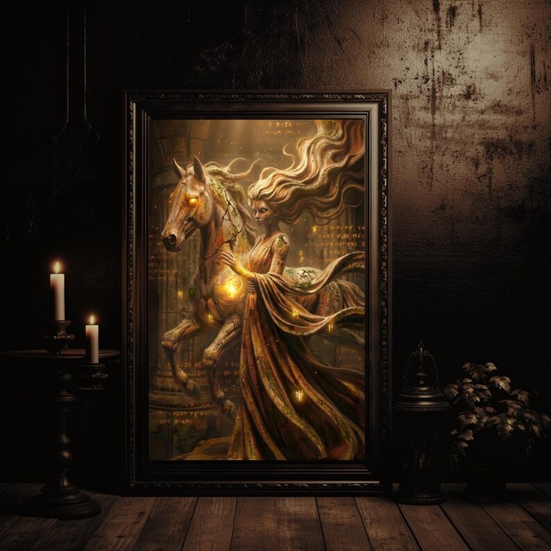 May include: A framed rectangular wall art piece depicting a golden-toned figure with long flowing hair standing beside a horse with glowing eyes. The artwork features warm amber light, ethereal energy, and subtle runic symbols against a dark background.