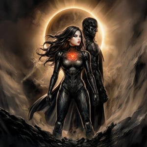 May include: Digital art of two figures, a woman in a black bodysuit with a glowing heart and a dark figure behind her, set against a celestial backdrop. The woman has long black hair and a determined expression.