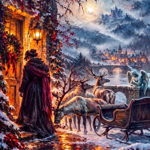 May include: A digital painting of a person in a dark cloak standing before a doorway with a wreath, accompanied by reindeer and a wooden sleigh. The scene features a snowy landscape with a distant castle, a bridge, and a glowing town at twilight.