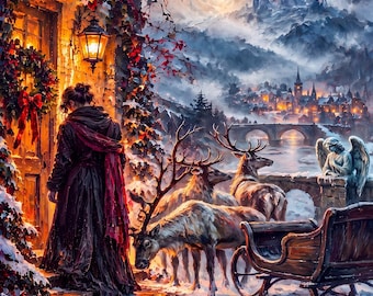 May include: A digital painting of a person in a dark cloak standing before a doorway with a wreath, accompanied by reindeer and a wooden sleigh. The scene features a snowy landscape with a distant castle, a bridge, and a glowing town at twilight.