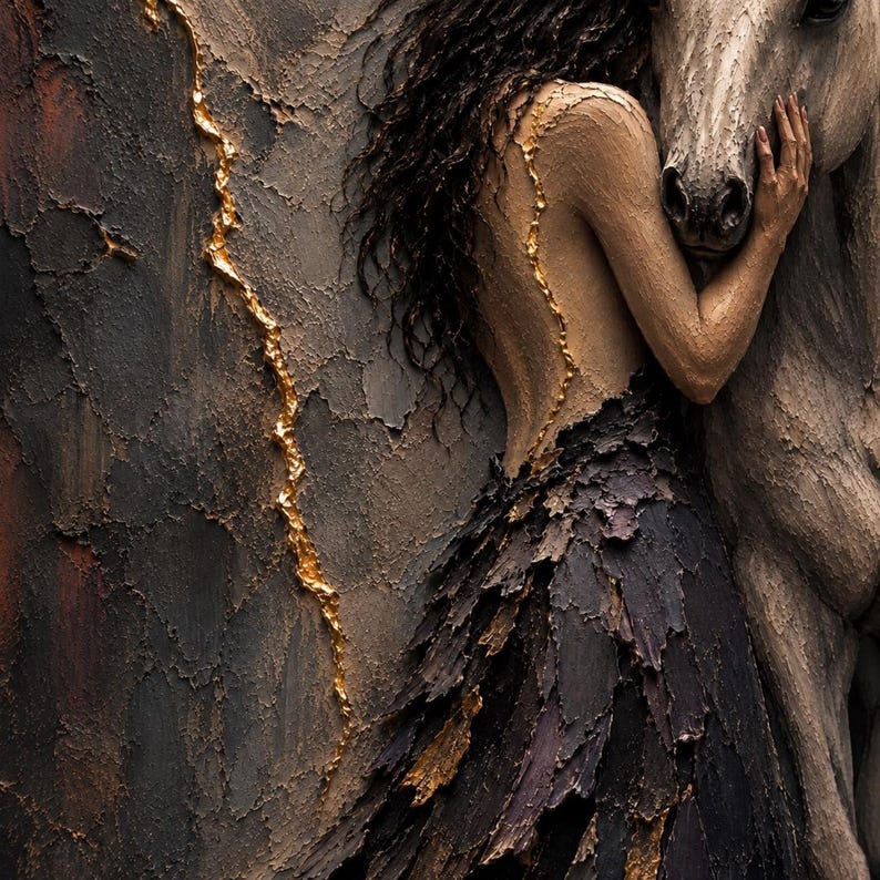 Pu&ograve; includere: Un'opera d'arte murale materica che raffigura una figura dai capelli scuri che abbraccia un cavallo. La composizione utilizza toni marrone scuro e antracite con una prominente crepa verticale riempita di foglia d'oro. La figura indossa una gonna scura.
