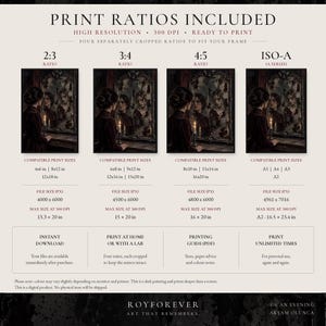 May include: A digital print guide featuring four aspect ratios: 2:3, 3:4, 4:5, and ISO-A. The graphic displays a dark painting of a person looking into a mirror with a candle, alongside lists of compatible print sizes in inches and file dimensions.