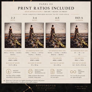 以下が含まれることがあります： PANEL III PRINT RATIOS INCLUDEDと題されたデジタルプリントガイド。2:3、3:4、4:5、ISO-Aの4つの比率を表示。各セクションには、金色のアクセントがある暗く質感のある地面に立つ、長いドレスを着た人物のイラストが描かれています。