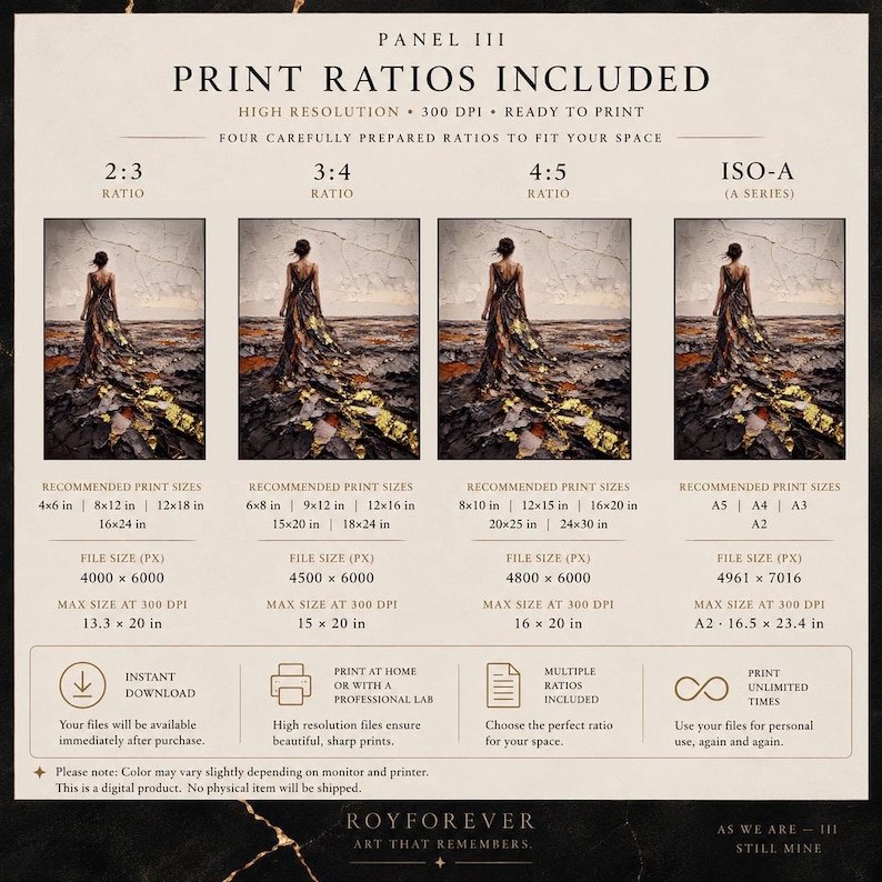 以下が含まれることがあります： PANEL III PRINT RATIOS INCLUDEDと題されたデジタルプリントガイド。2:3、3:4、4:5、ISO-Aの4つの比率を表示。各セクションには、金色のアクセントがある暗く質感のある地面に立つ、長いドレスを着た人物のイラストが描かれています。