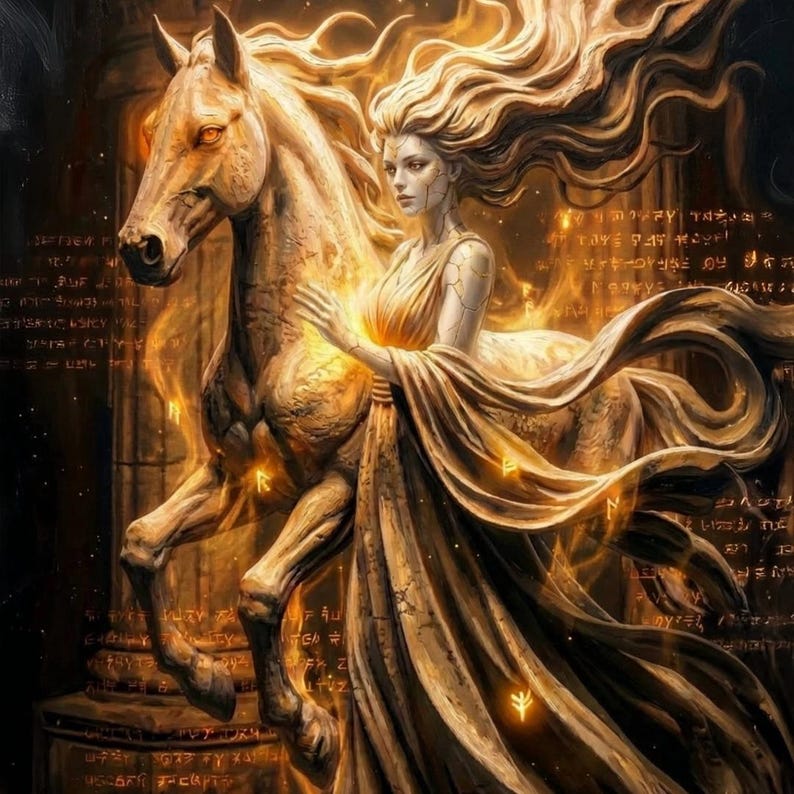 May include: A digital artwork shows a woman in a flowing gown with long, flowing hair, riding a horse. The woman and horse are illuminated by a golden light, with ancient runes and architectural elements in the background. The overall theme is fantasy.