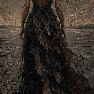 May include: A floor-length gown featuring a dark, layered texture resembling overlapping leaves or feathers. The garment has a deep back neckline and a fitted bodice that transitions into a voluminous, cascading skirt with intricate, dark detailing.