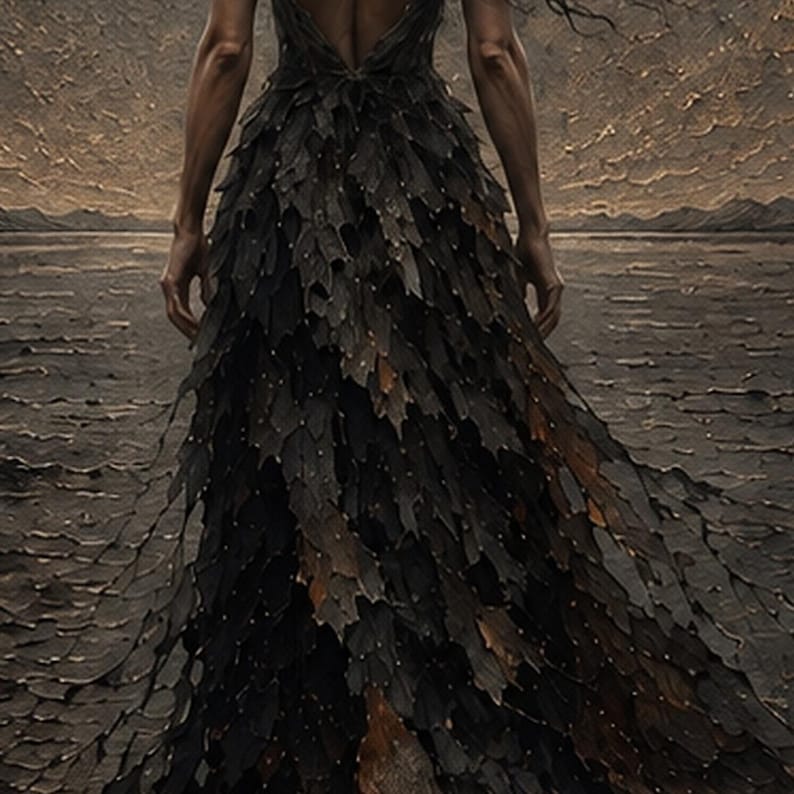 May include: A floor-length gown featuring a dark, layered texture resembling overlapping leaves or feathers. The garment has a deep back neckline and a fitted bodice that transitions into a voluminous, cascading skirt with intricate, dark detailing.