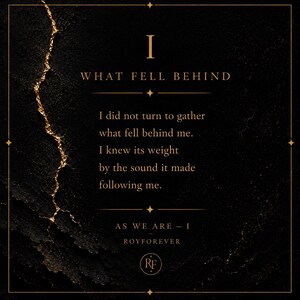 Pu&ograve; includere: Una stampa quadrata nera con una superficie ruvida e una linea dorata frastagliata sulla sinistra. Il testo recita: I WHAT FELL BEHIND I did not turn to gather what fell behind me. I knew its weight by the sound it made following me. AS WE ARE - I ROYFOREVER