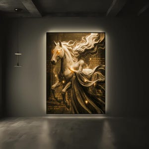 K&ouml;nnte beinhalten: Ein rechteckiger Wandkunstdruck mit einer monochromen Illustration einer Figur mit langem, flie&szlig;endem Haar, die neben einem Pferd steht. Beide Motive sind mit leuchtenden goldenen Lichteffekten akzentuiert und der Hintergrund enth&auml;lt Text.