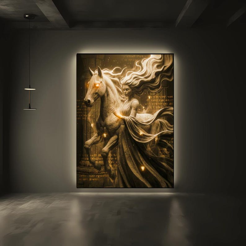 K&ouml;nnte beinhalten: Ein rechteckiger Wandkunstdruck mit einer monochromen Illustration einer Figur mit langem, flie&szlig;endem Haar, die neben einem Pferd steht. Beide Motive sind mit leuchtenden goldenen Lichteffekten akzentuiert und der Hintergrund enth&auml;lt Text.