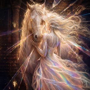 May include: A digital illustration featuring a luminous white horse and a figure with long flowing hair wearing a shimmering iridescent gown. The scene is filled with glowing shards of light, prismatic rainbow reflections, and ancient golden script.